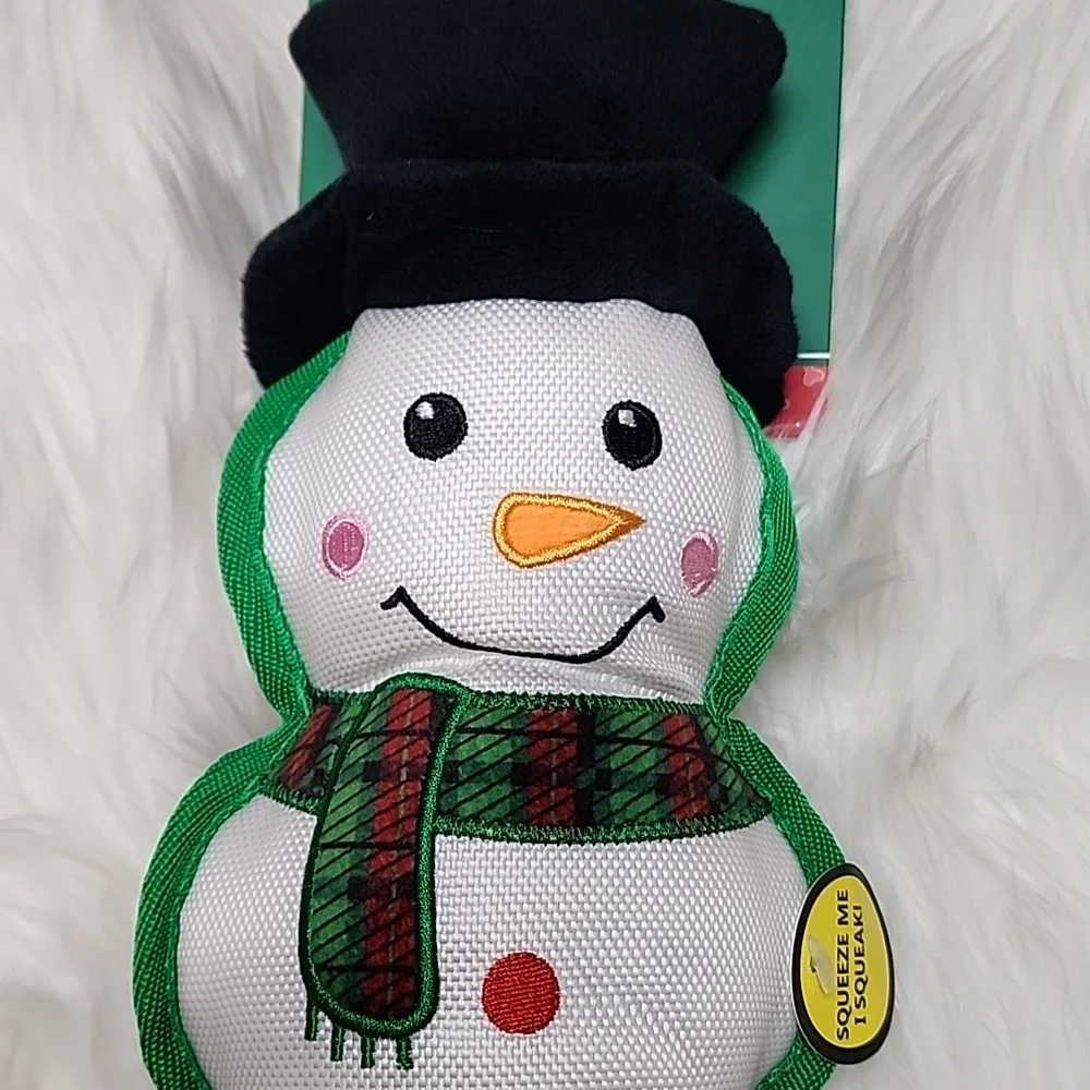 Snowman Squeaker Dog Toy with Red & Green Plaid Scarf 14